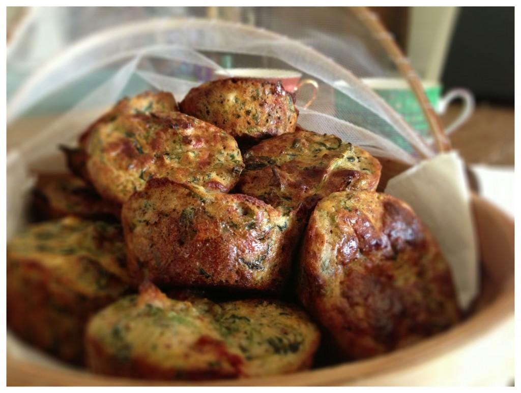 Spinach feta s.d tomato muffins close up in basket